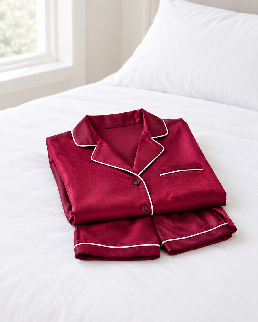 Lipstick red silk short pyjama set with white piping folded on a white bed