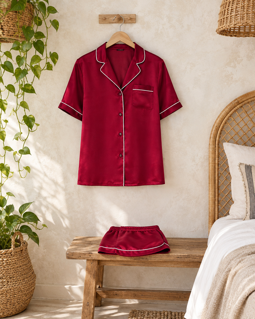 Lipstick Red mulberry silk short pyjama shirt hung on a wall in a boho bedroom, shorts folded on a bench.