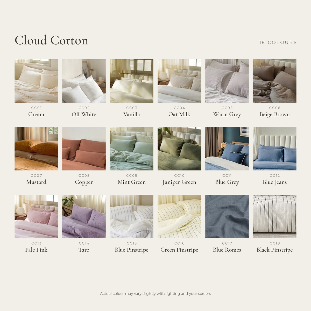 Cloud Cotton fitted sheet colour chart showing all 18 colourways with names and codes