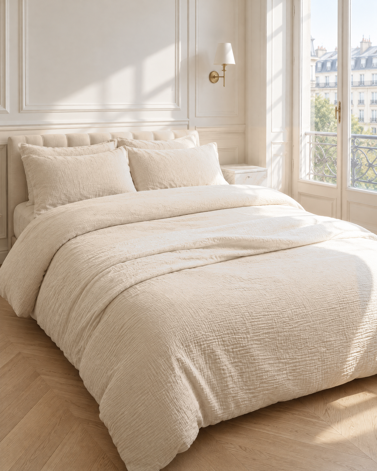 Cream Cloud Cotton bedding set, crinkled double gauze duvet cover and pillowcases on a made bed