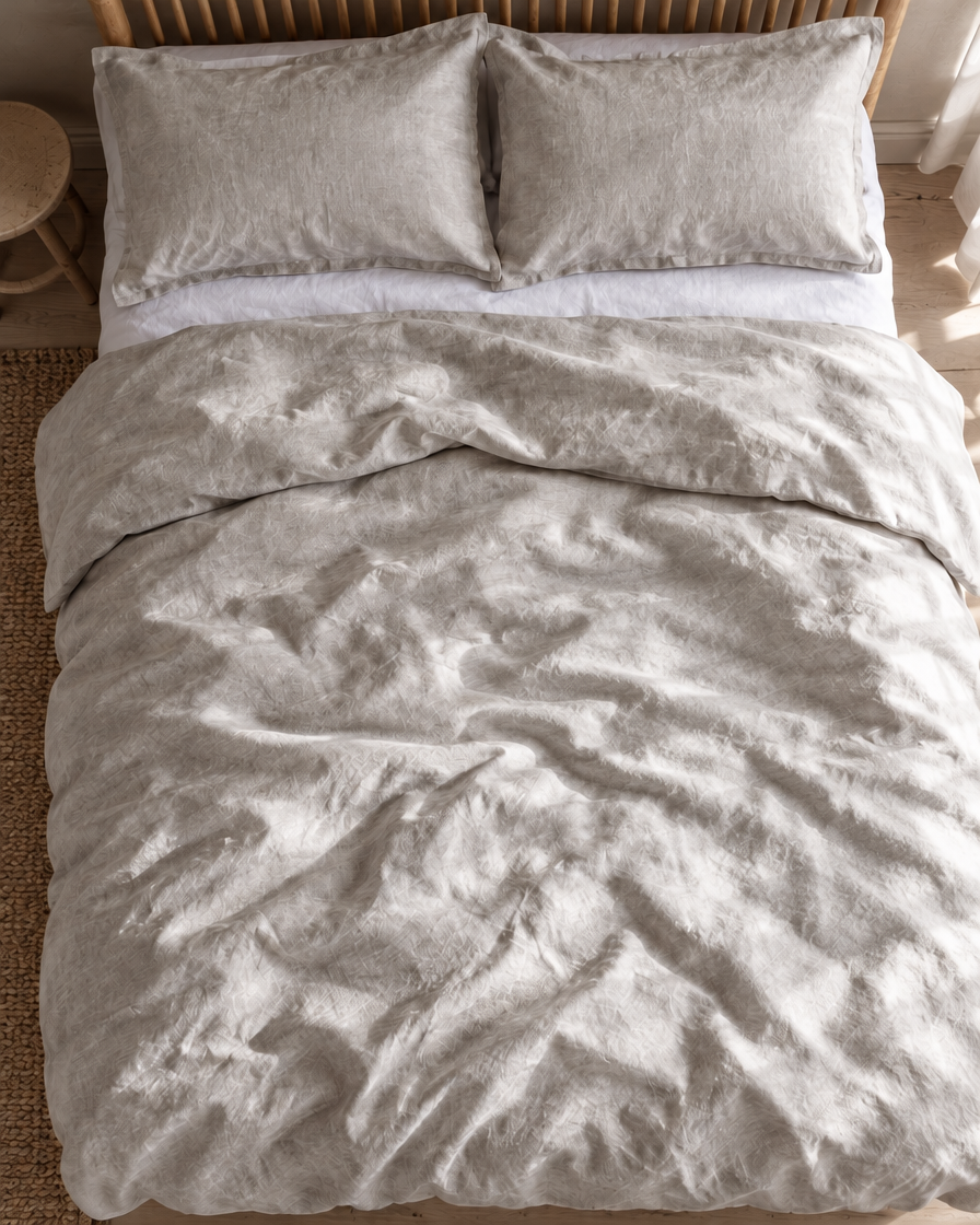 Mist French linen bedding set from above, rumpled