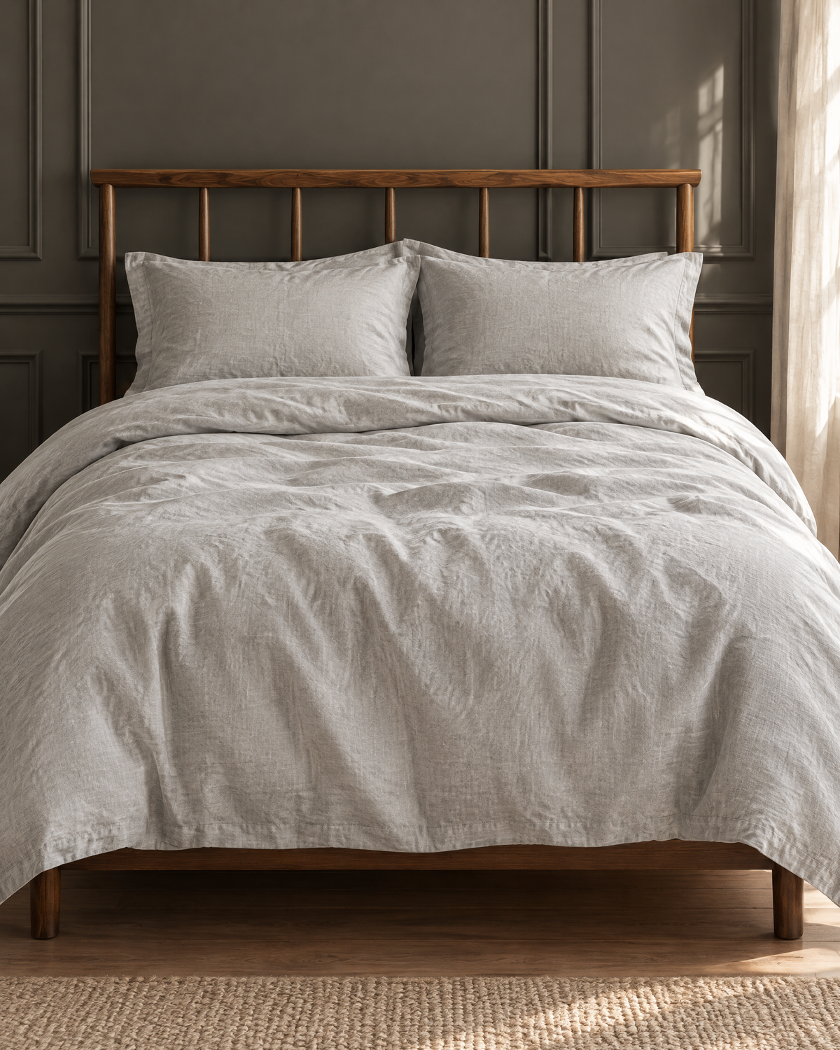 Mist linen bedding set on a made bed