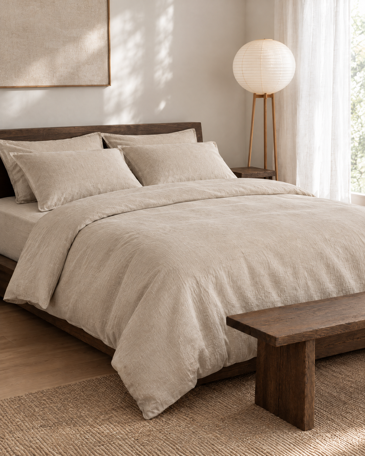 Natural linen bedding set on a made bed in a bright bedroom