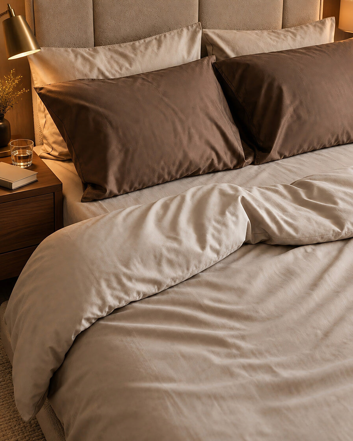 Taupe and brown silky cotton bedding, styled in a boutique-hotel suite