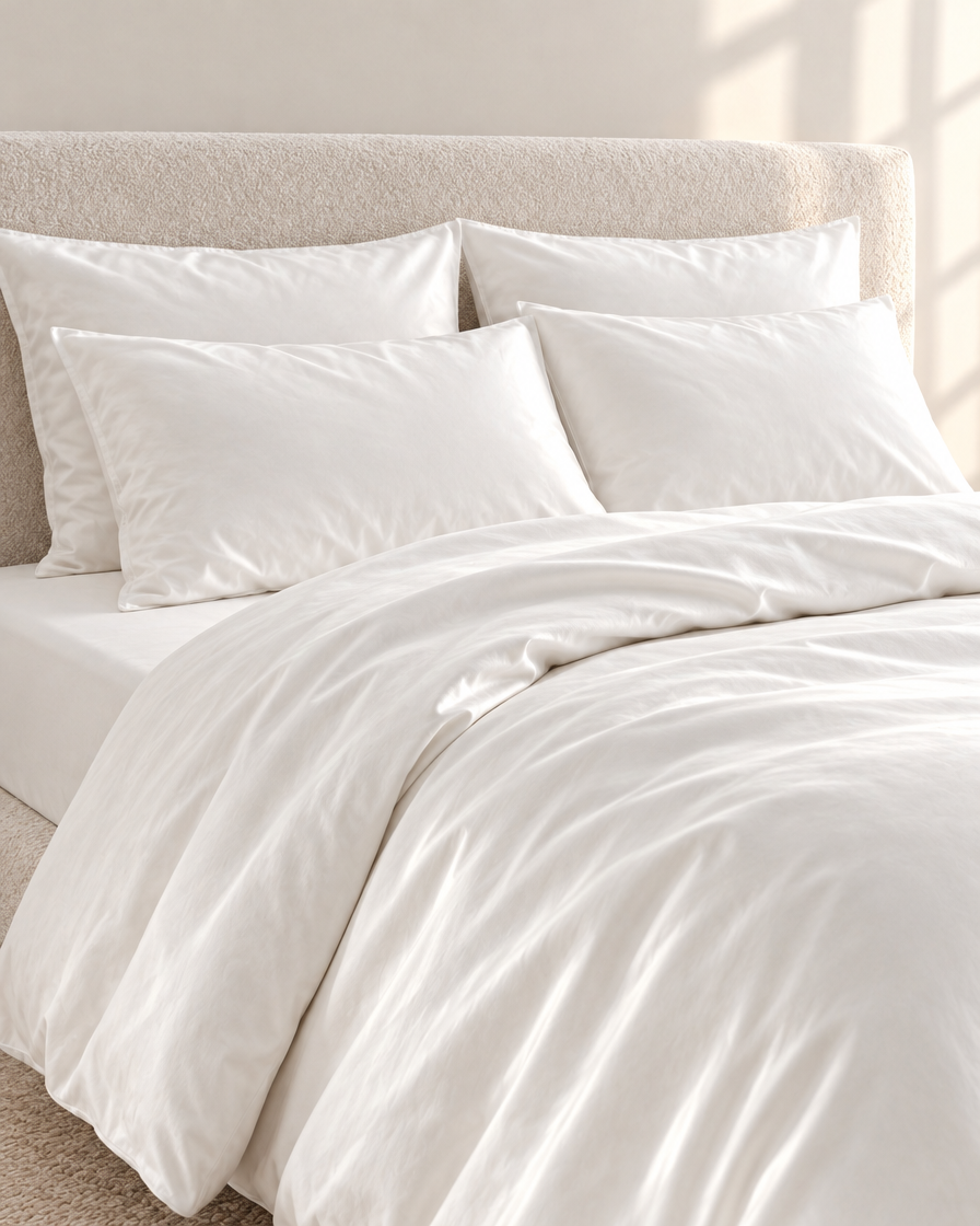 Milky White silky cotton sateen duvet turned back over the matching fitted sheet, pillows against a pale boucle headboard in soft window light