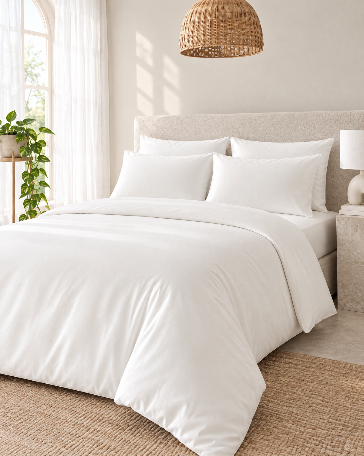 Milky White silky cotton sateen bedding set on a made bed in a bright bedroom