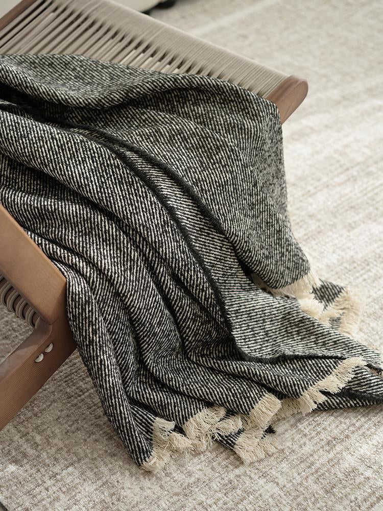 Fringed Herringbone Twill Throw Blanket in Charcoal