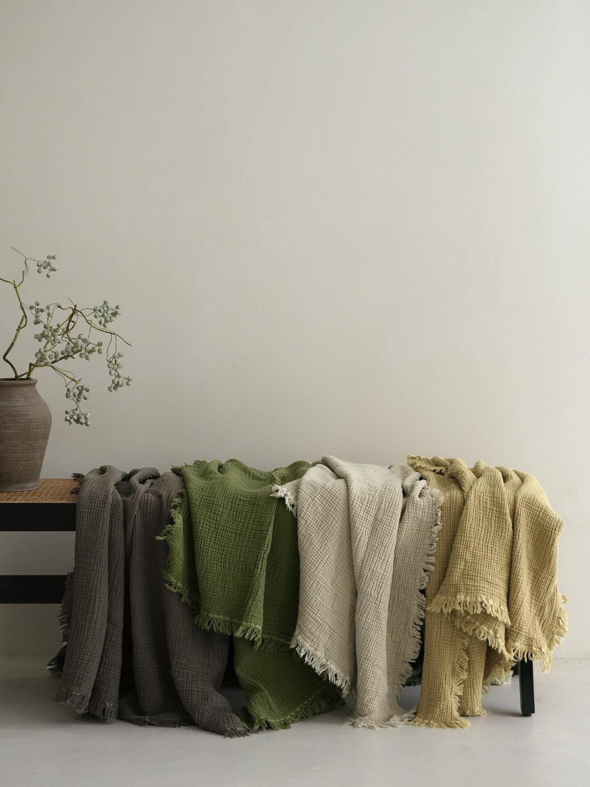 Fringed Cotton Muslin throw, styled at home