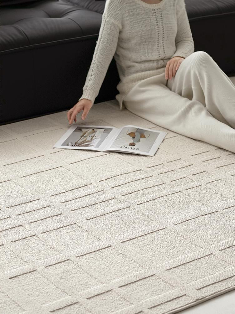 Beige Raised Grid rug, styled at home