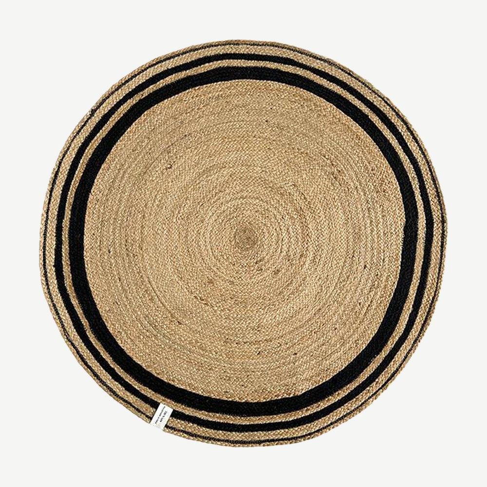 Hand-Woven Jute Rug in Round, Black Ring