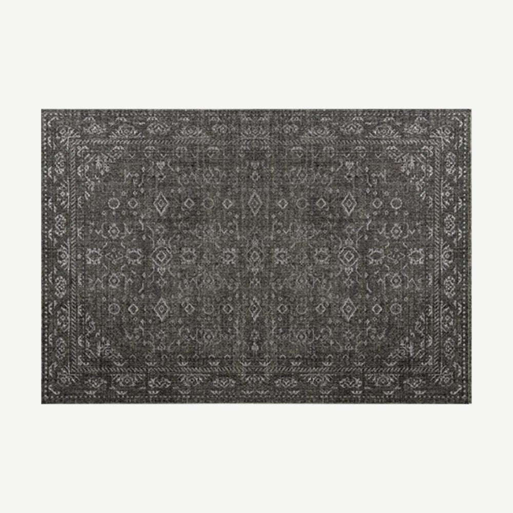 Vintage-Look Woven Rug in Charcoal Damask