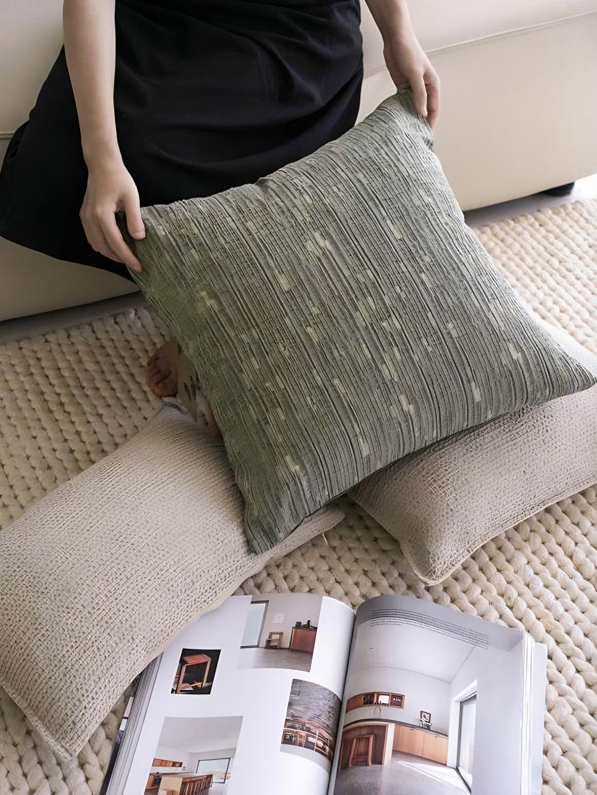 Sage Flecked Jacquard Cotton Linen Cushion Covers, styled at home