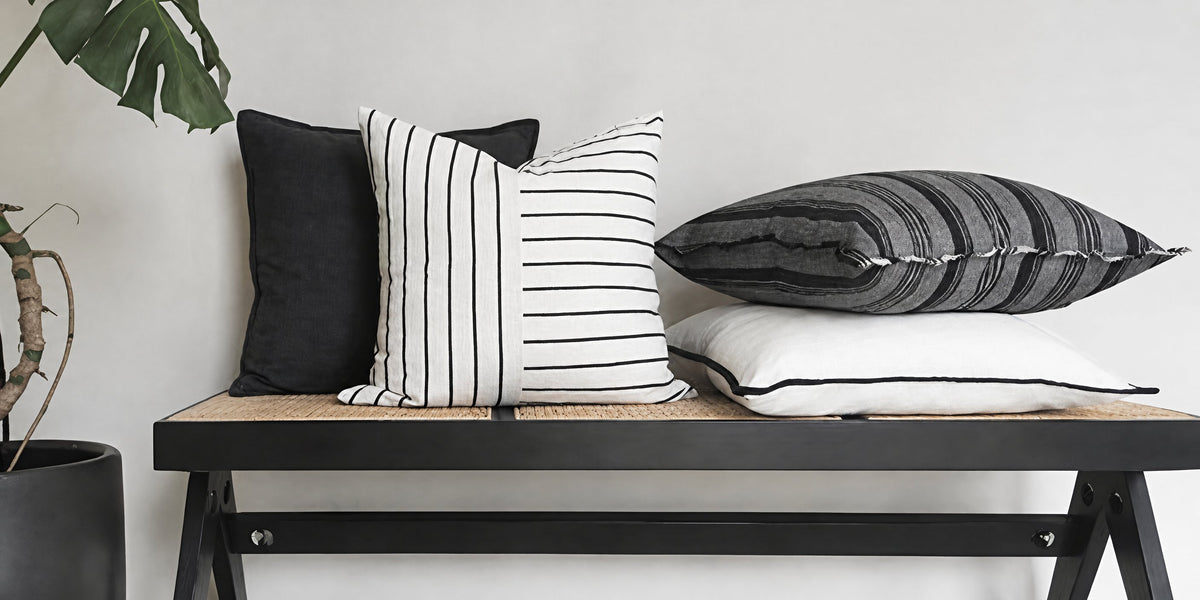 Fringed Stripe Linen Viscose Cushion Covers, styled at home