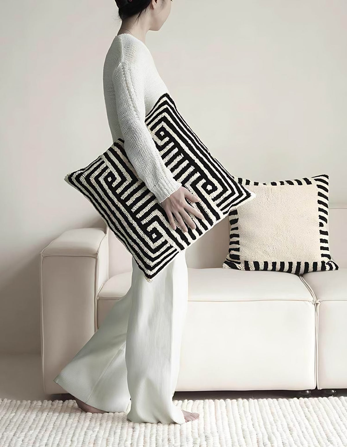 Ivory & Black Stripe Loop-Pile Embroidery Cotton Cushion Covers, styled at home
