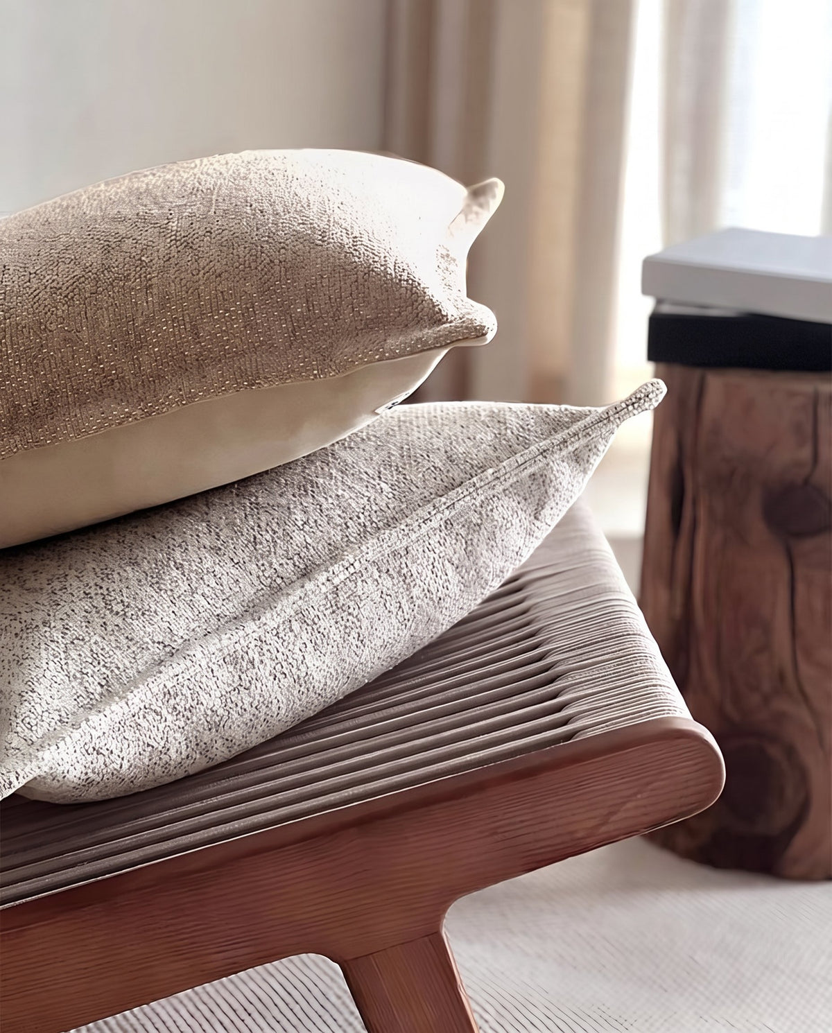 Taupe Heathered Jacquard Cushion Covers, styled at home