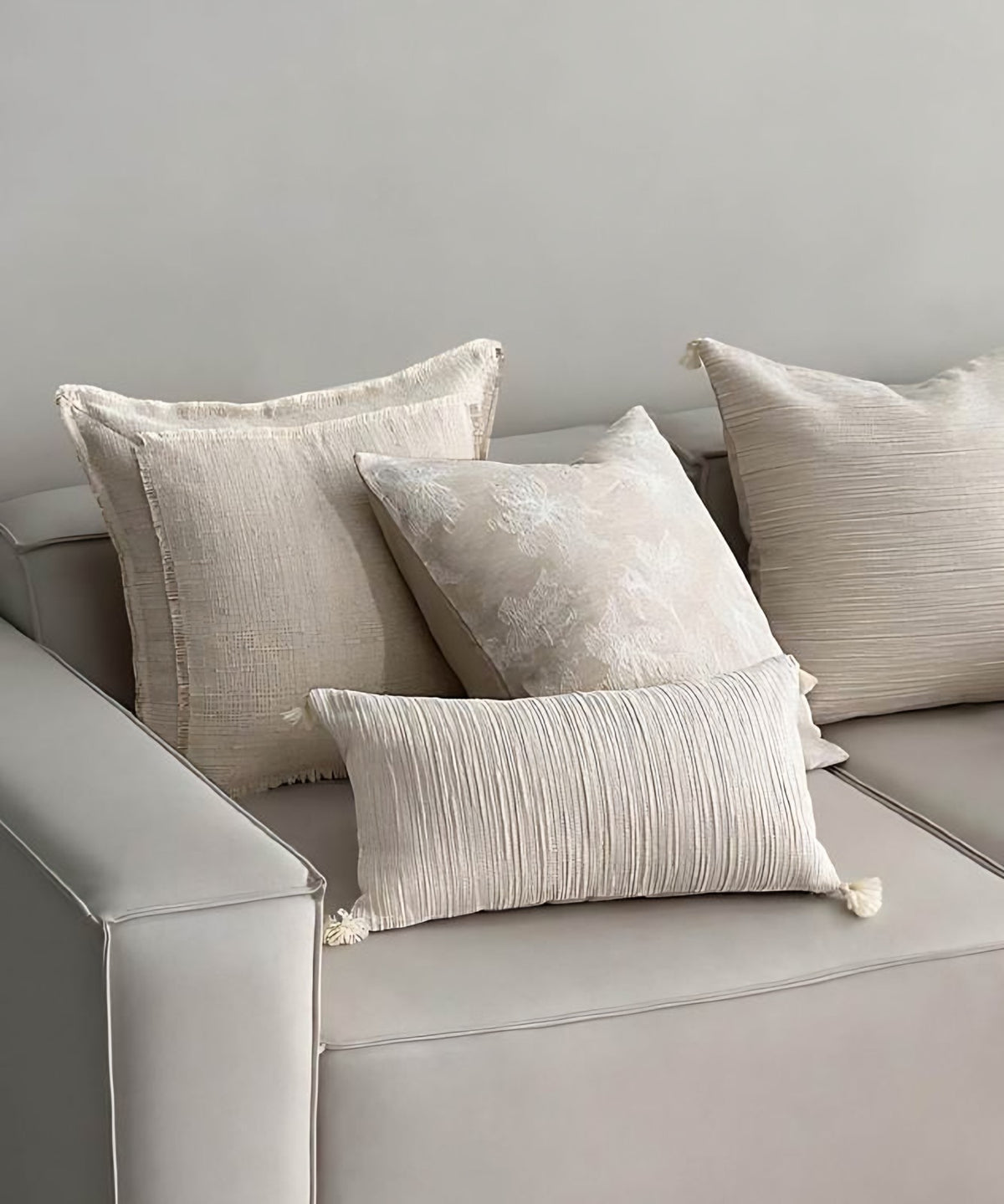 Cream Flanged Tassel Cotton Linen Cushion Covers, styled at home