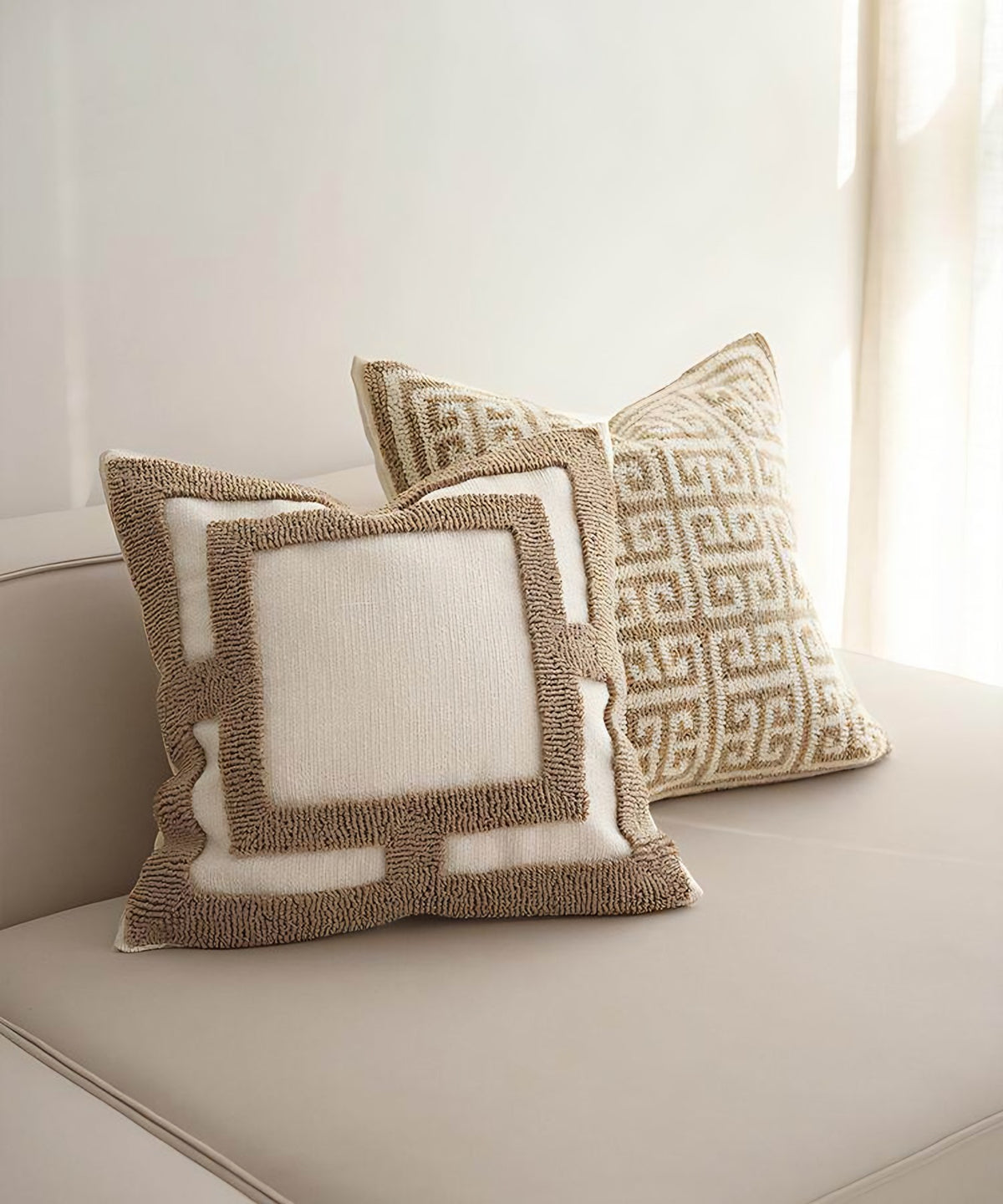 Ivory & Caramel loop-pile embroidery cushion covers, styled at home
