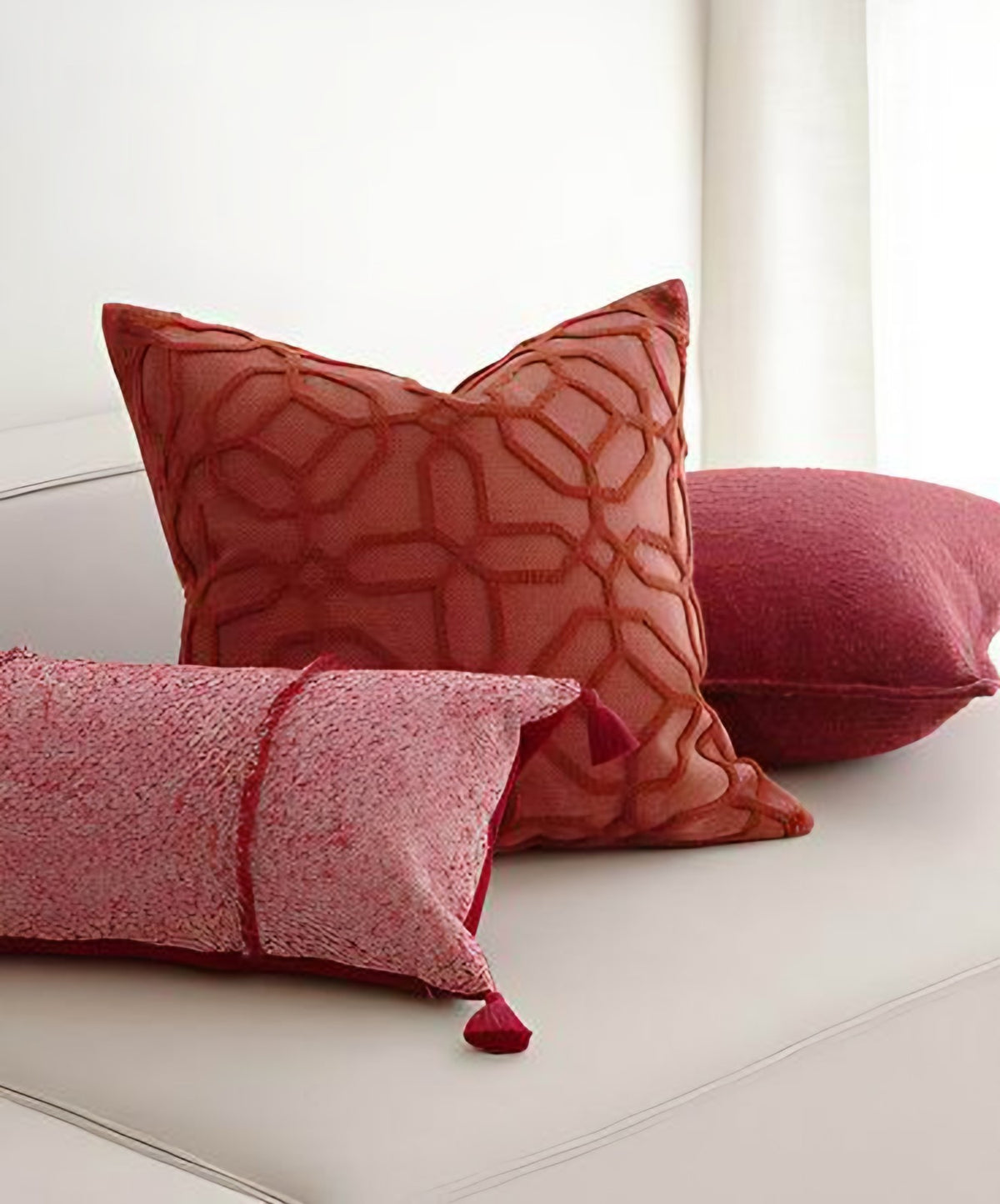 Burgundy Embroidery Cushion Covers, styled at home