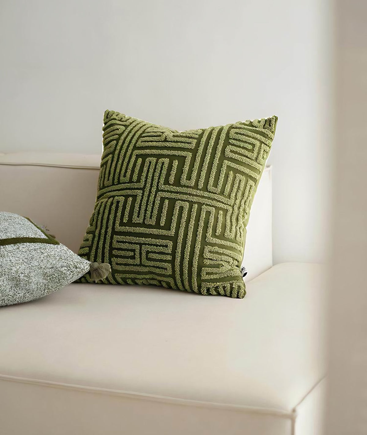Moss Green Maze Embroidery Cushion Covers, styled at home