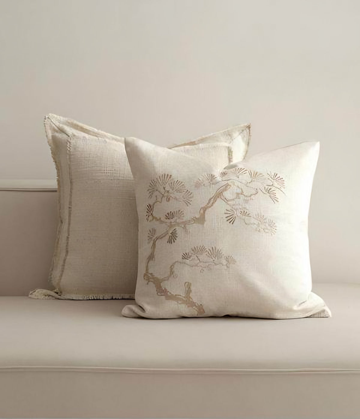 Ivory Pine Embroidery Viscose Linen Cushion Covers, styled at home
