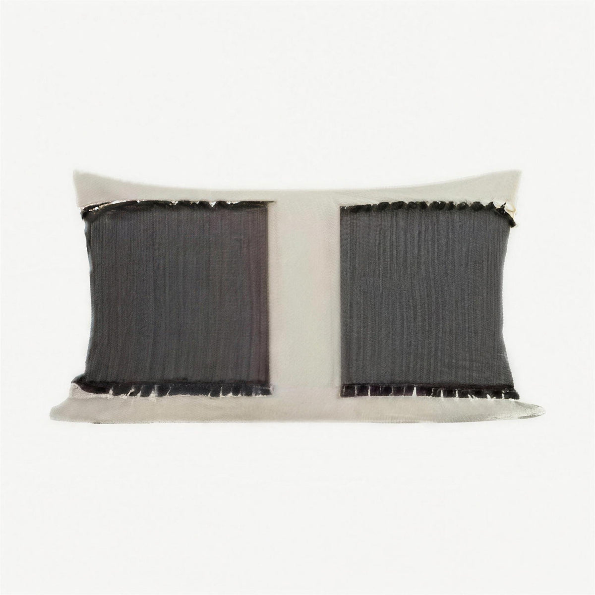 Ivory & Charcoal Fringed Embroidery Viscose Linen Lumbar Cushion Covers