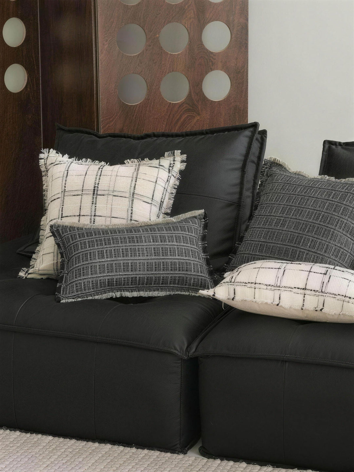 Charcoal Grid Embroidery Cushion Covers, styled at home