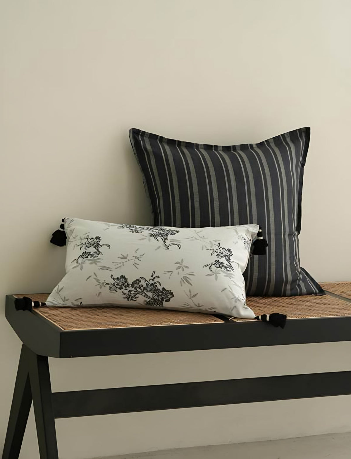 Black Stripe Flanged Linen Cushion Covers, styled at home