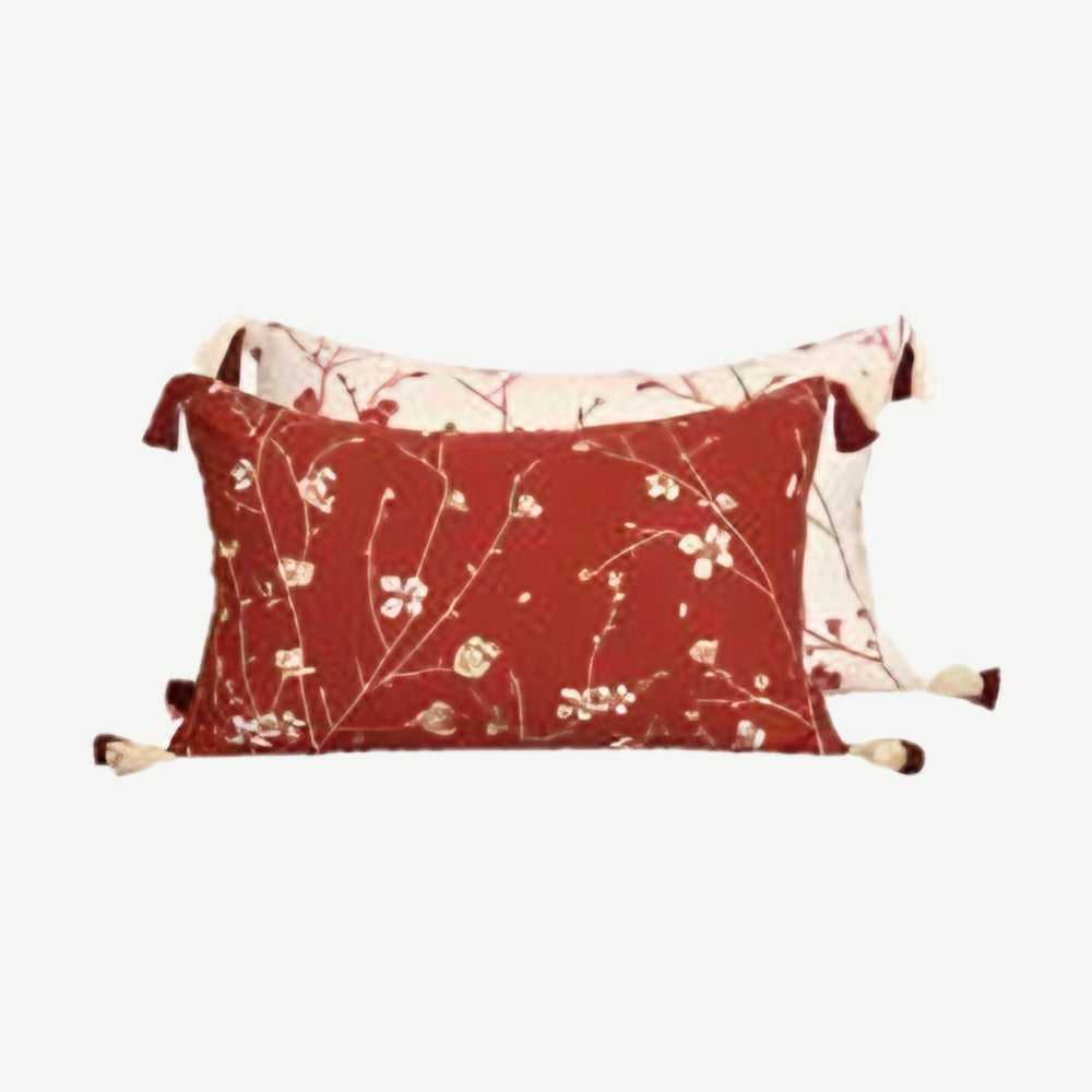 Red & Ivory Blossom Jacquard Cotton Linen Cushion Covers