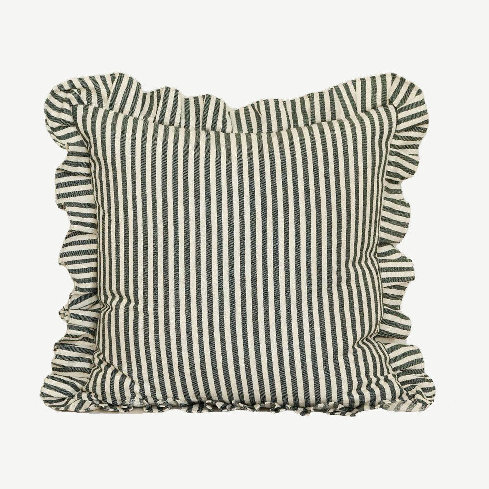 Ruffled Ticking Stripe Cotton Cushion Covers in Green
