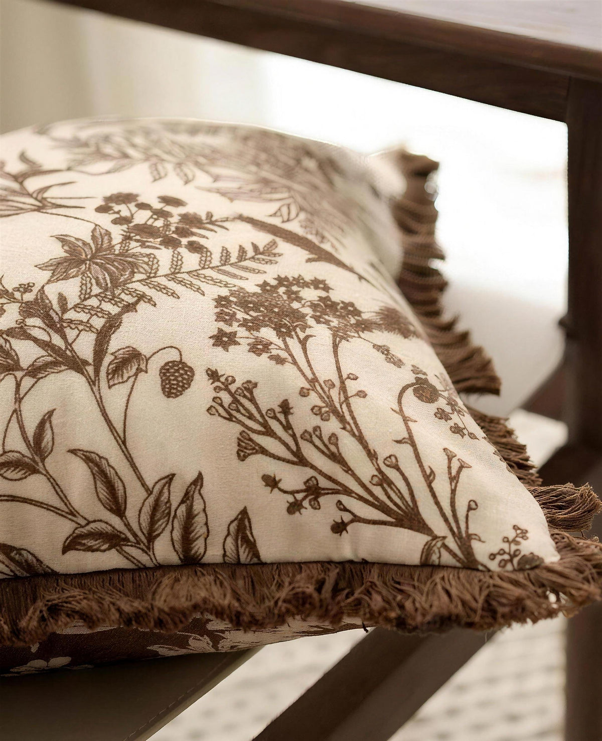 Chocolate Botanical Jacquard Cotton Linen Cushion Covers, styled at home