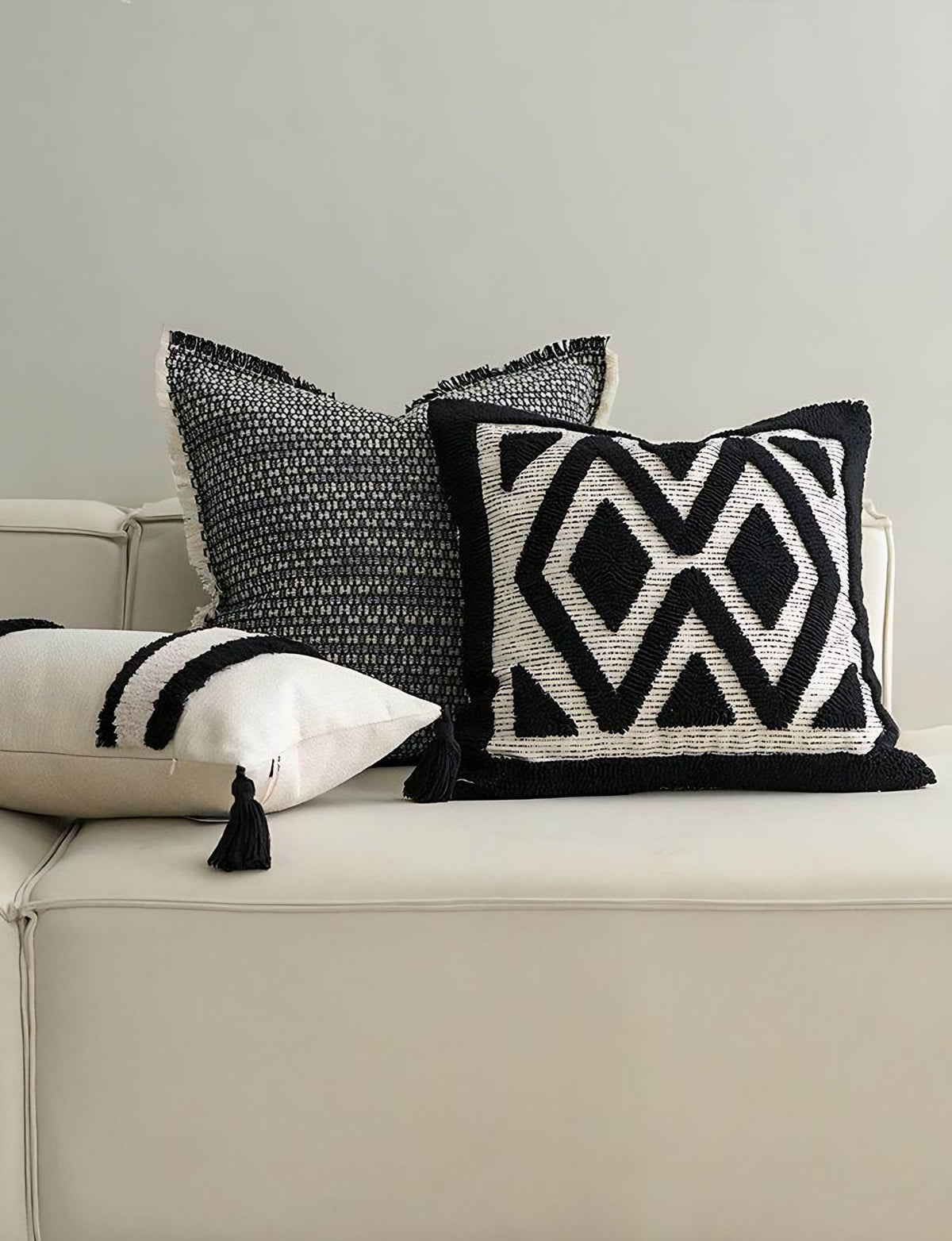 Black & Ivory Chevron Loop-Pile Embroidery Cushion Covers, styled at home