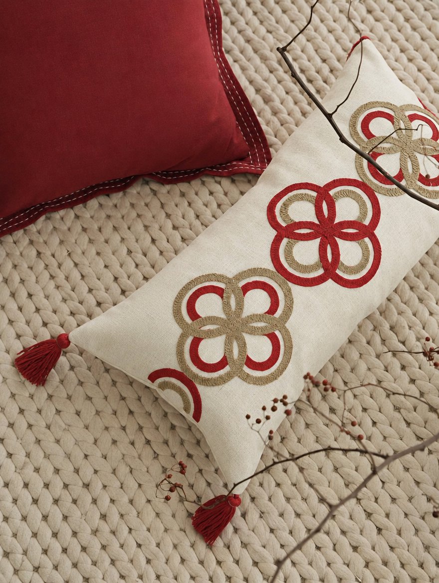 Ivory & Red Ring Embroidery Lumbar Cushion Covers, styled at home