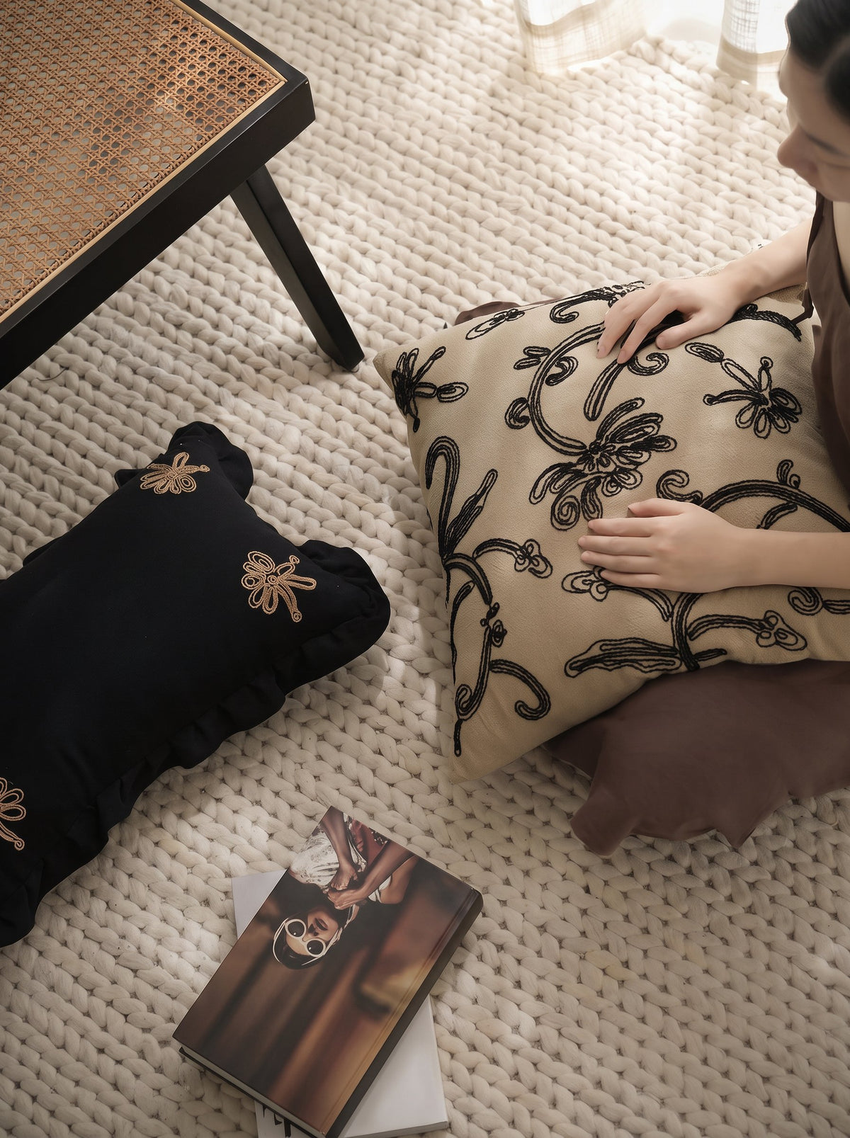 Blush & Red Vine Embroidery Viscose Linen Cushion Covers, styled at home
