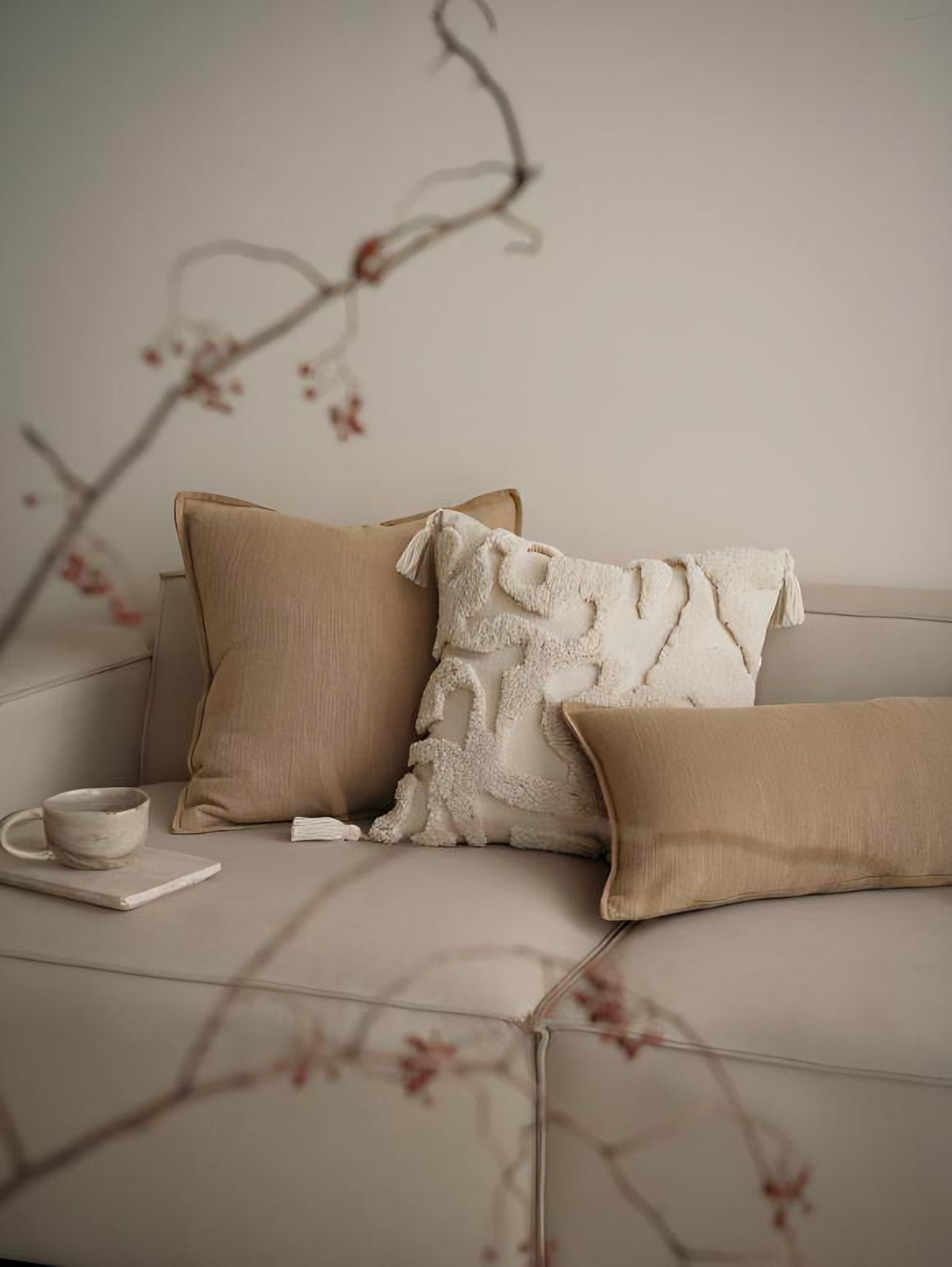 Ivory Leaf Embroidery Linen Cotton Cushion Covers, styled at home