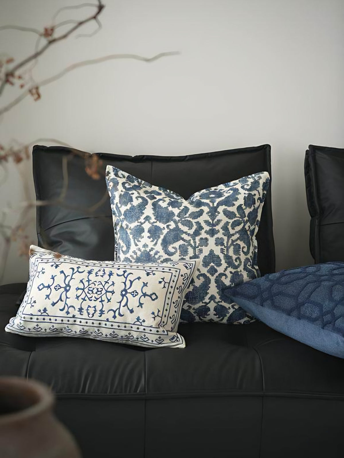Ivory & Blue Medallion Embroidery Lumbar Cushion Covers, styled at home