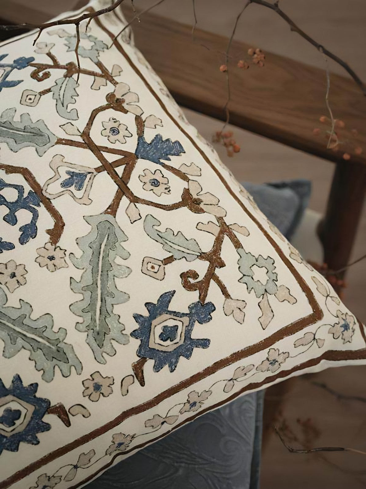Dusty Blue Printed Jacquard Cushion Covers, styled at home