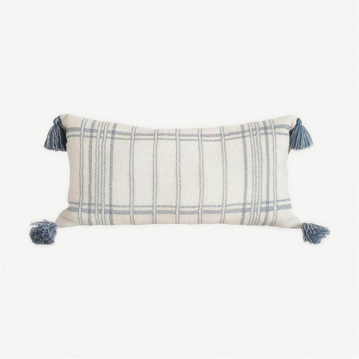 Ivory & Blue Check Embroidery Lumbar Cushion Covers