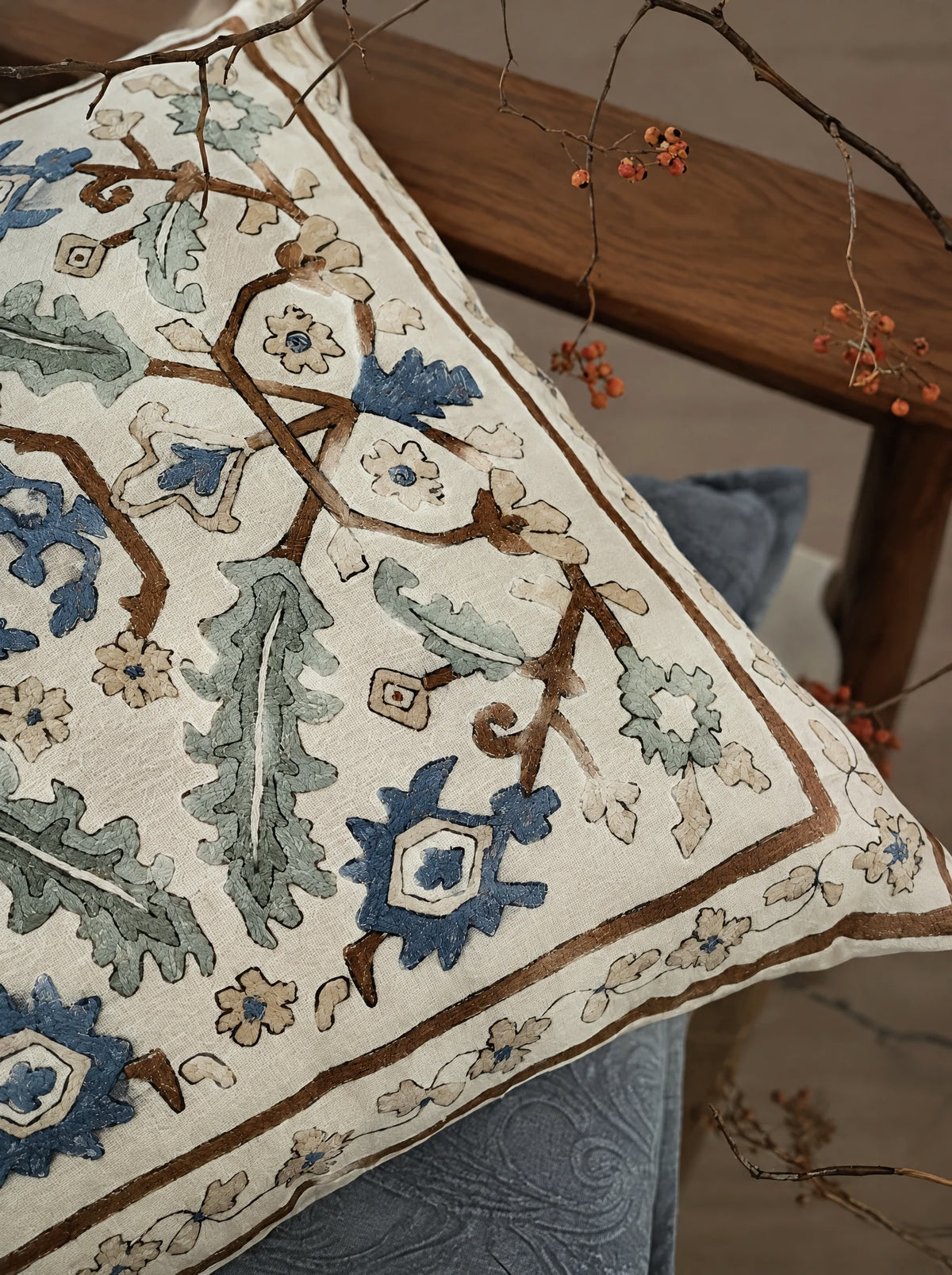 Ivory & Blue Medallion Printed Jacquard Cushion Covers, styled at home