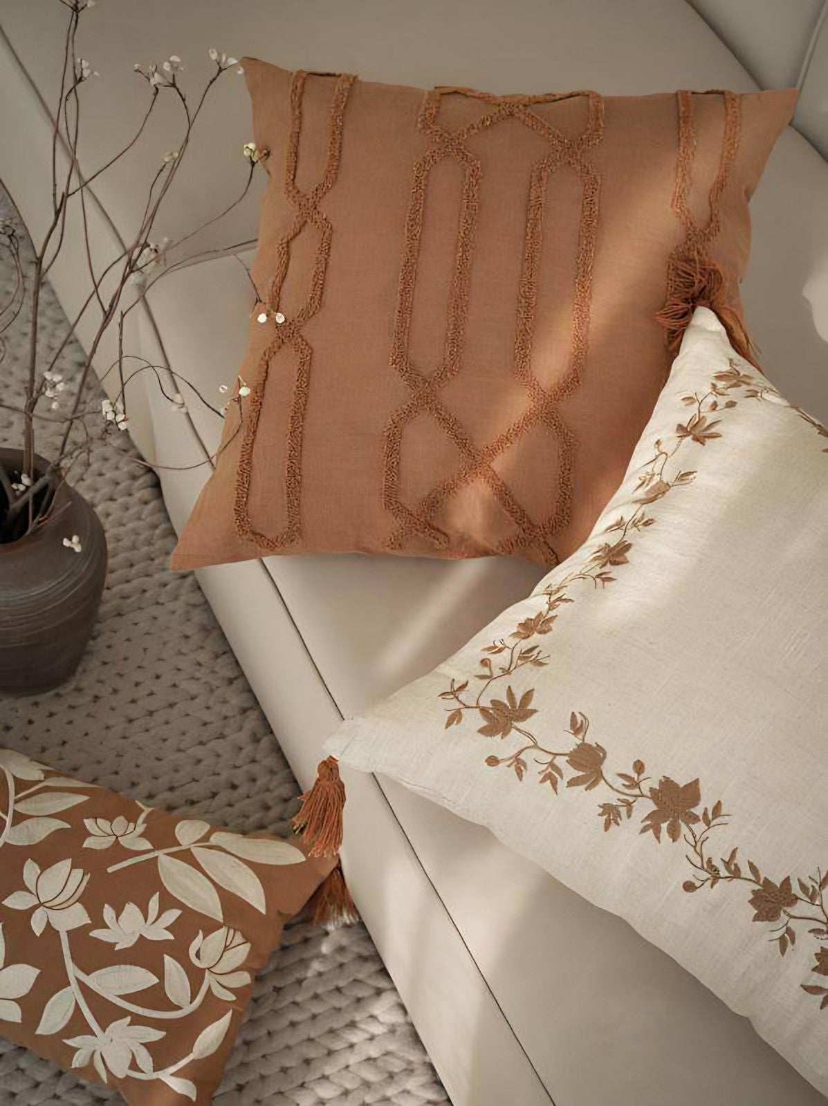 Ivory & Terracotta Floral Embroidery Ramie Cotton Cushion Covers, styled at home