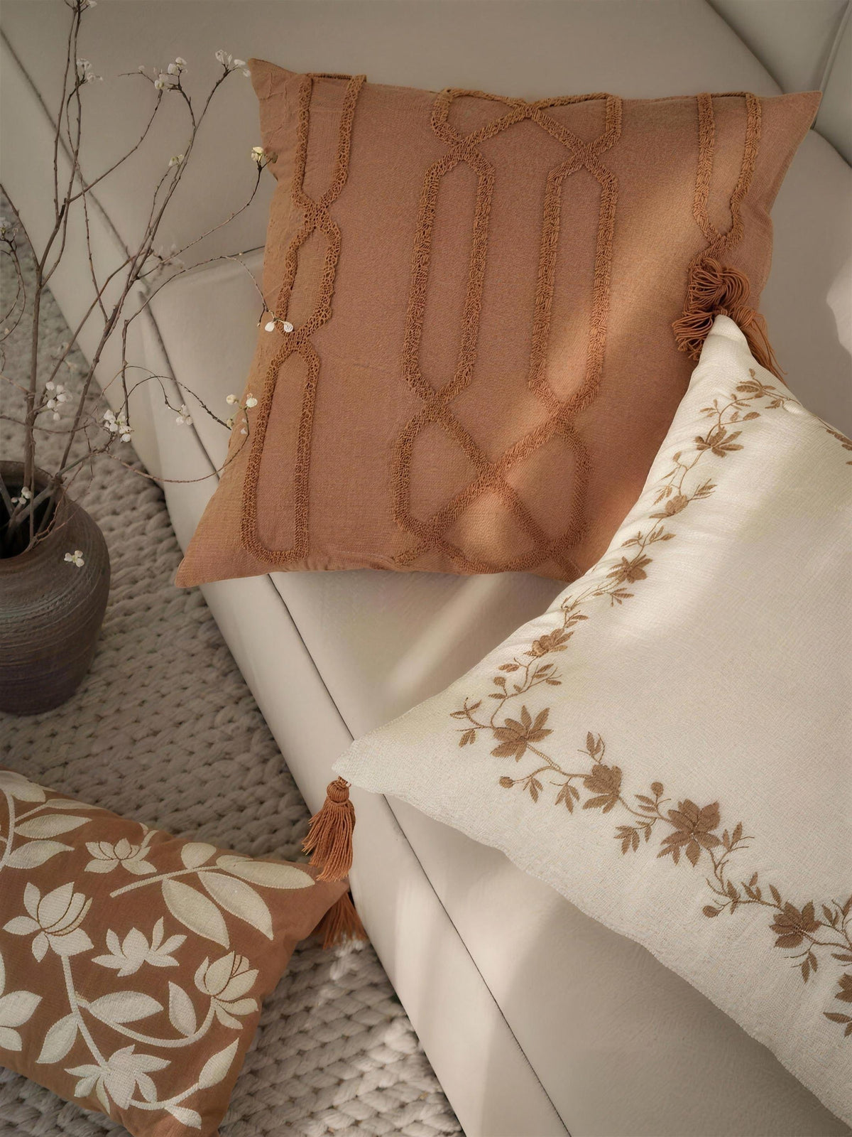 Terracotta Trellis Embroidery Ramie Cotton Cushion Covers, styled at home