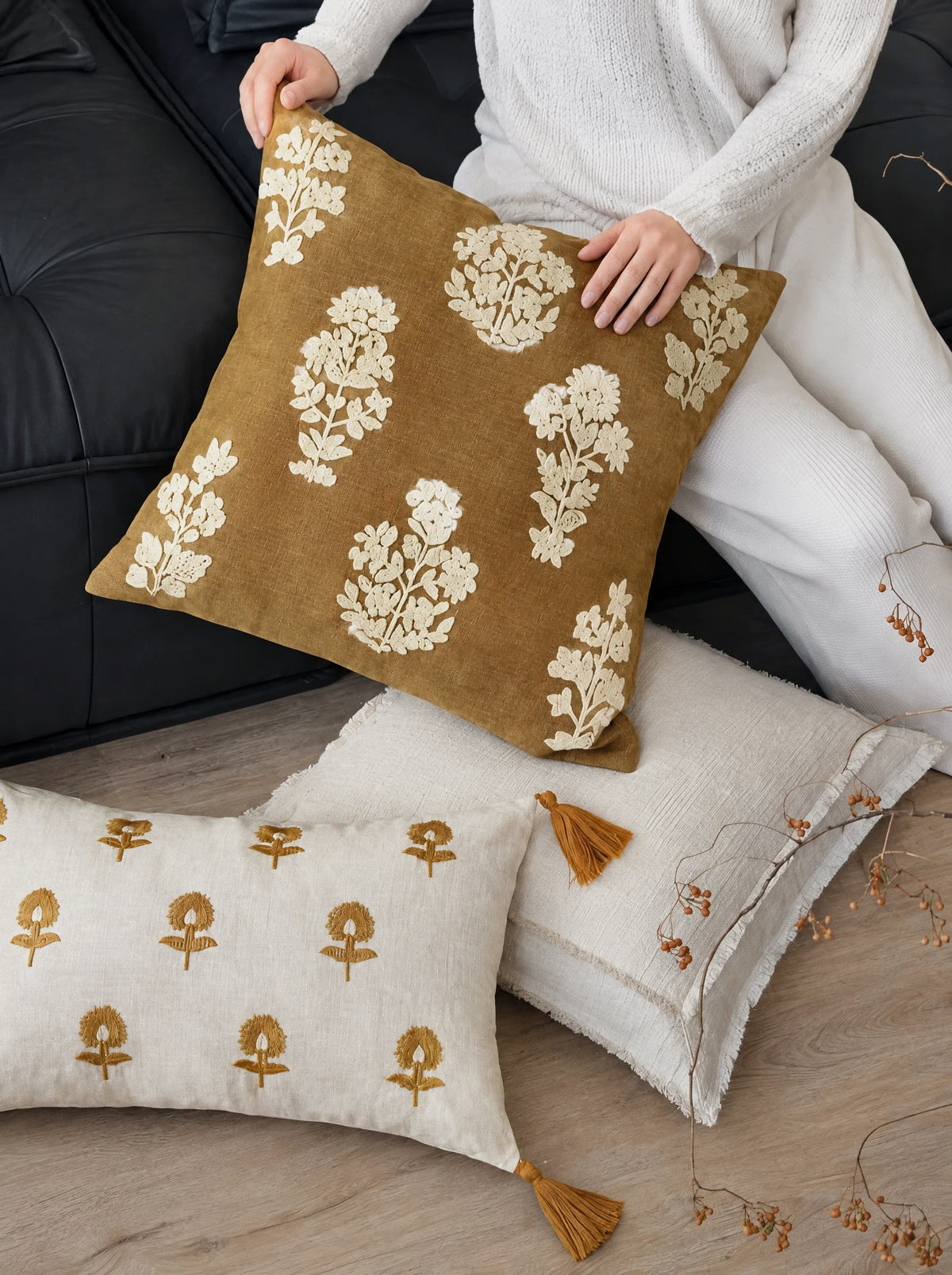 Mustard Floral Embroidery Cushion Covers, styled at home