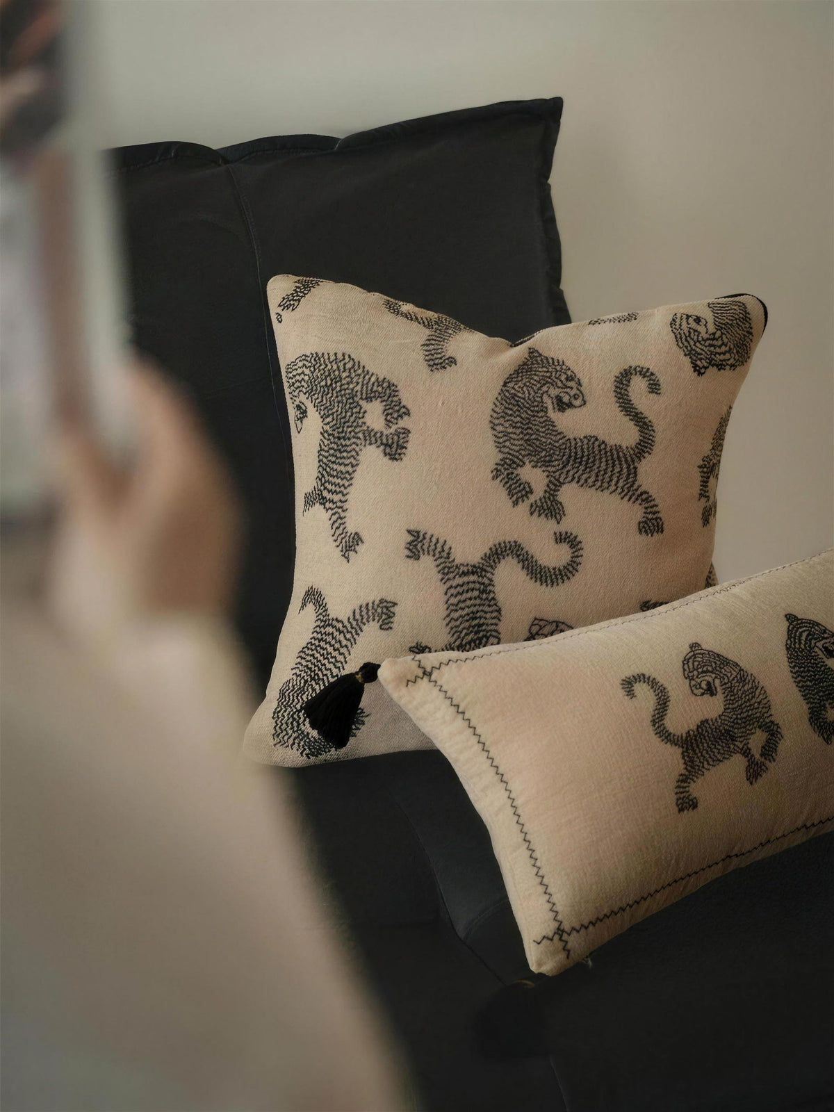 Sand & Black Tiger Embroidery Cushion Covers, styled at home