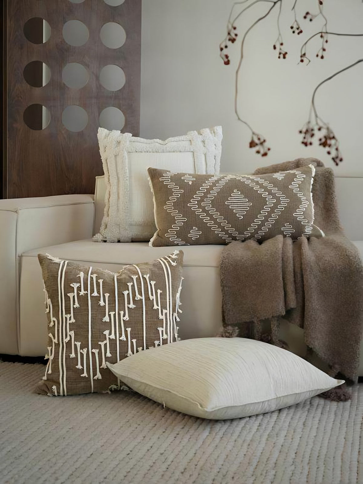 Cocoa cord embroidery cushion covers, styled at home