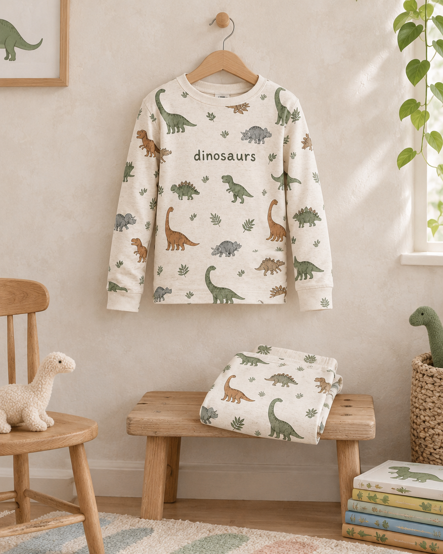 Dinosaurs cotton pyjama top for kids on a hanger in a tidy nursery, matching trousers folded on a bench.