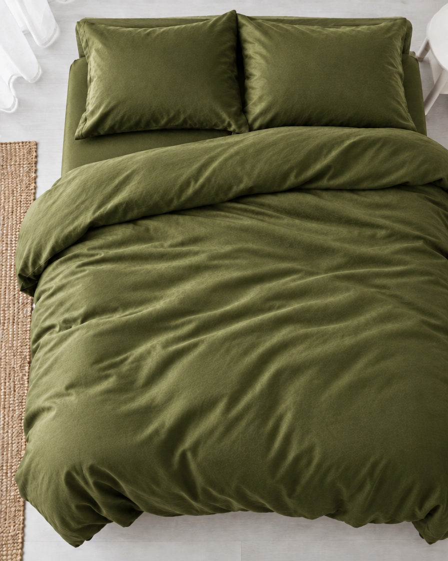 Overhead view of a Juniper Green silky cotton duvet cover and two matching pillows on a made bed.