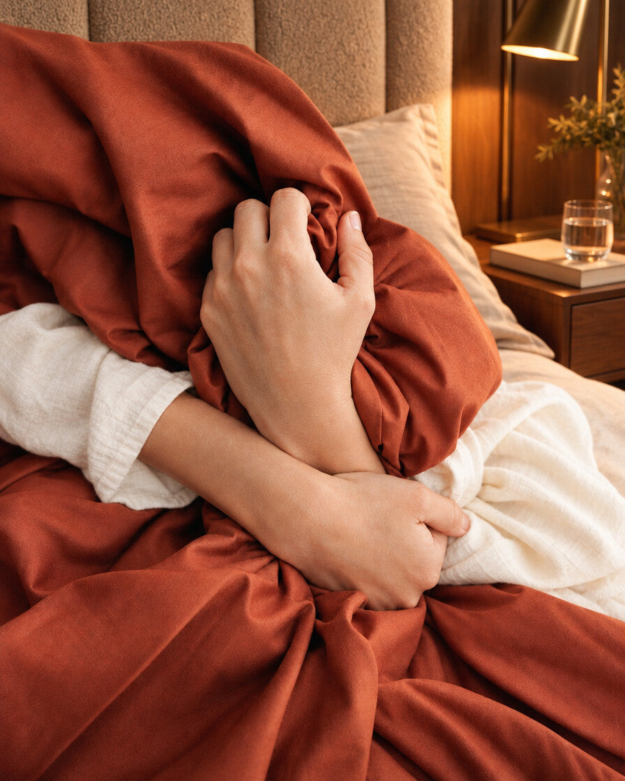 Hands holding terracotta silky cotton fabric to show its drape, styled in a boutique-hotel suite