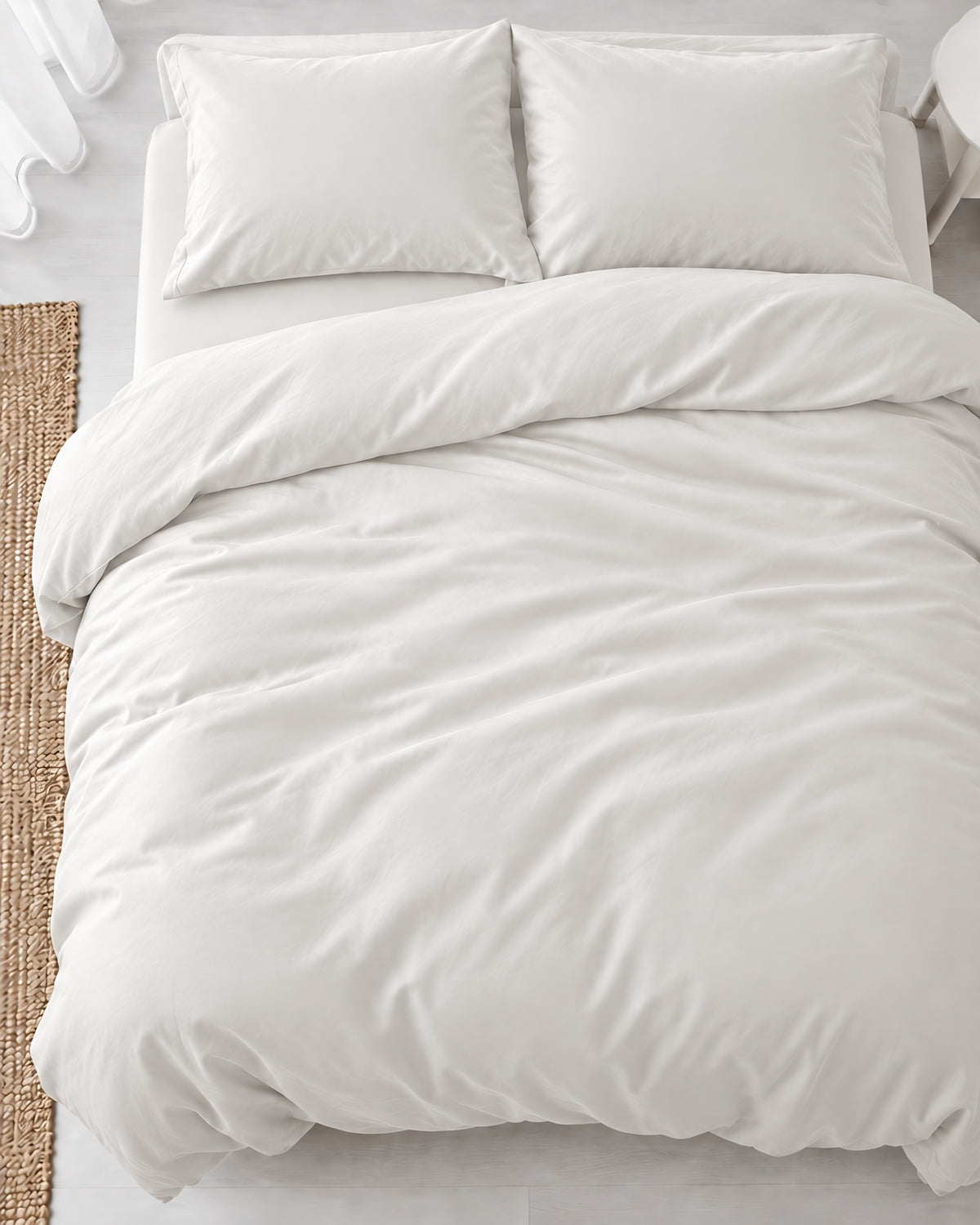 Overhead view of a Milky White silky cotton duvet cover, white cotton sateen, with two matching pillows on a made bed