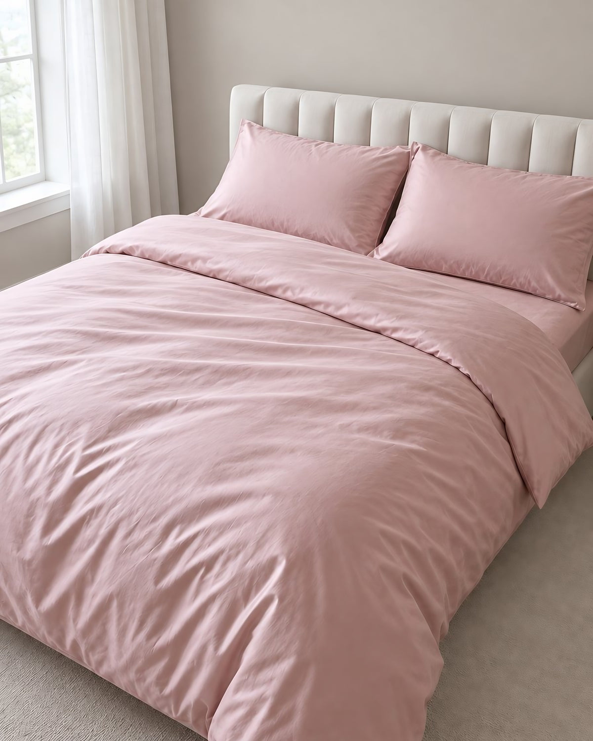Rose Pink silky cotton duvet cover seen from above