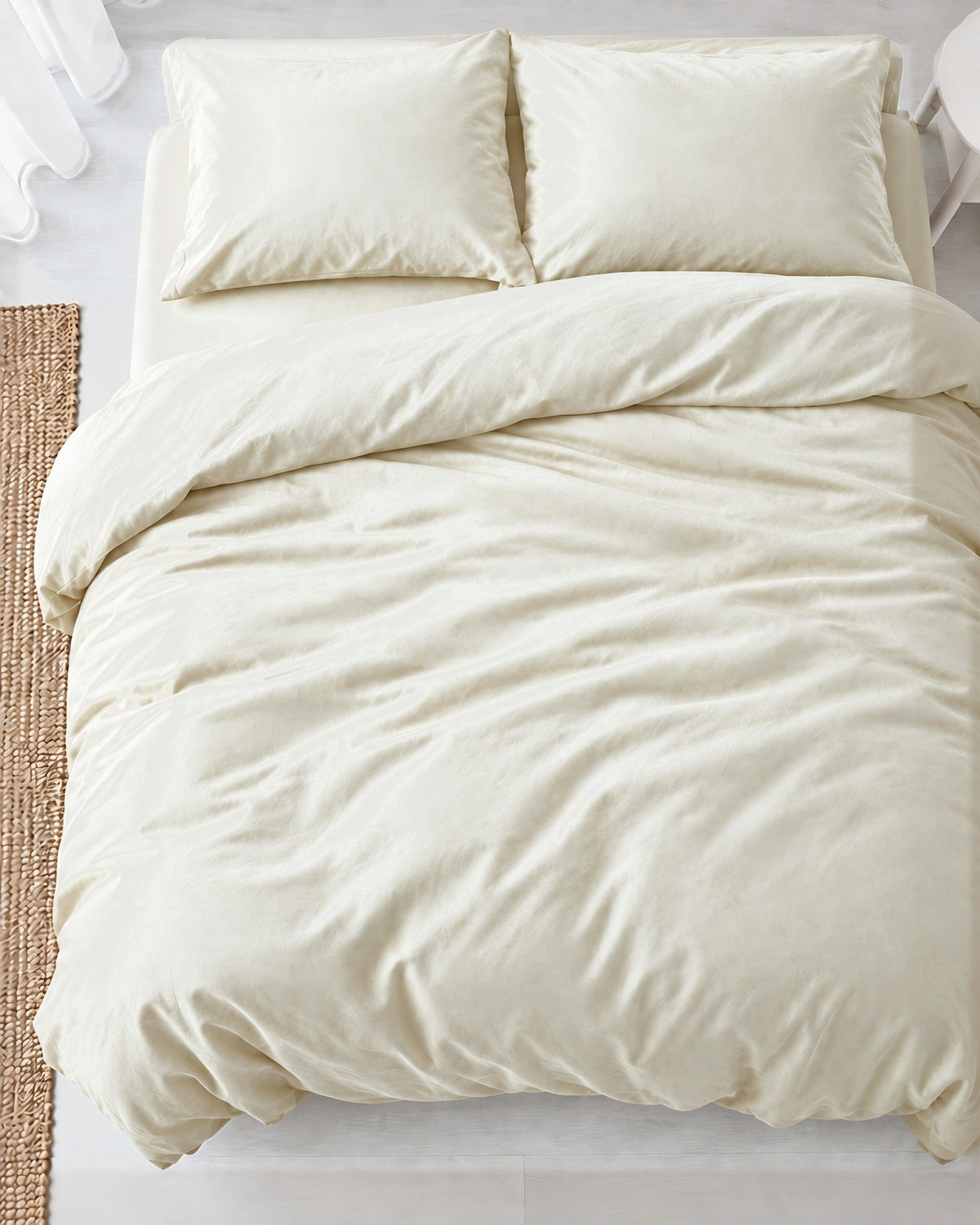 Overhead view of a Vanilla silky cotton duvet cover, cream cotton sateen, with two matching pillows on a made bed