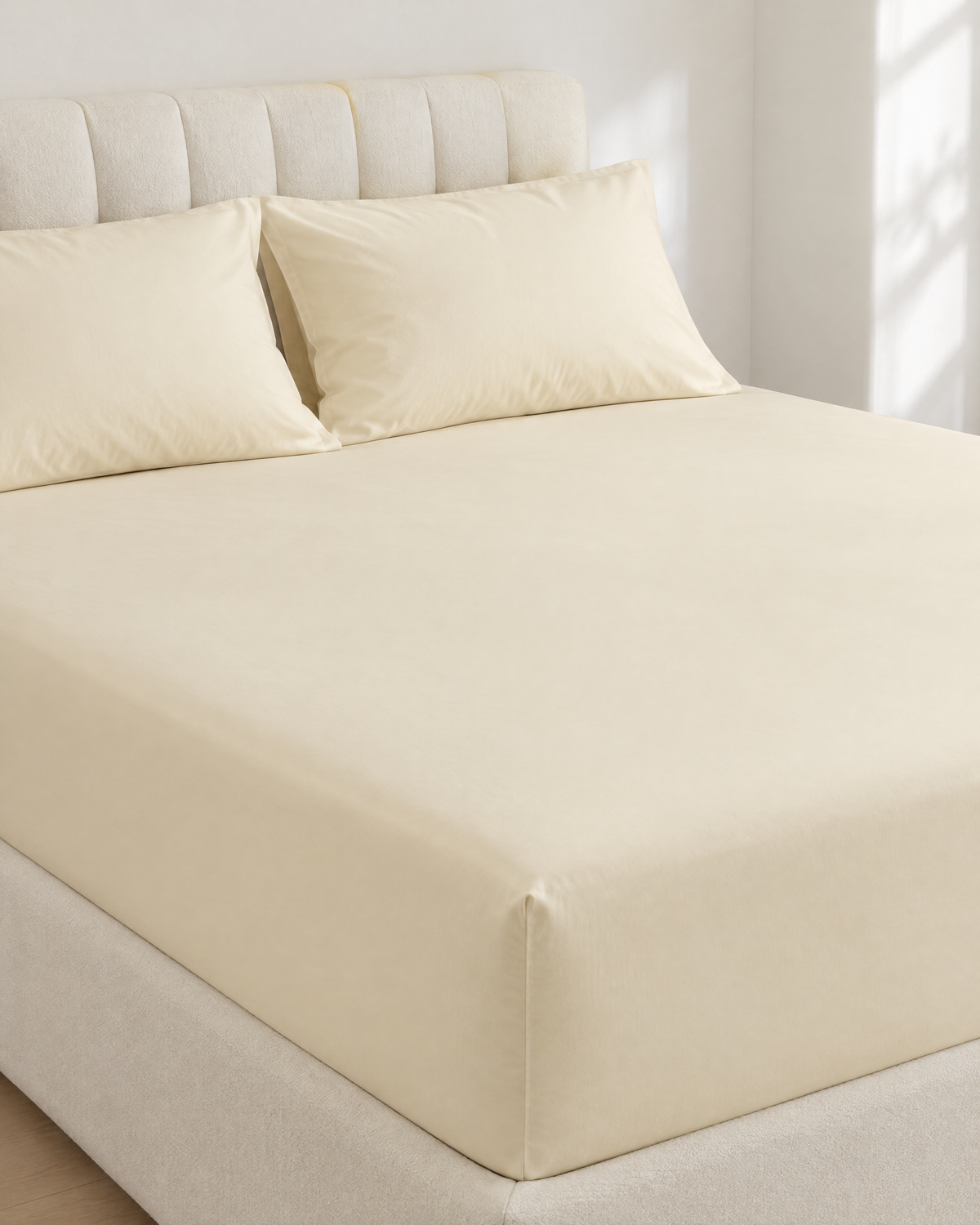 Cream plain cotton fitted sheet on a mattress, corner visible